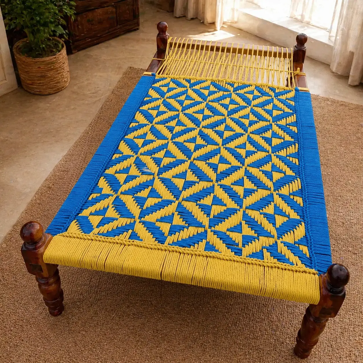 Wooden Kayithu Kattil with Colorful Rope Design